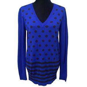 Loft Blue Polka Dot Stripe Wool Blend Sweater Medium V-Neck Retro NWT